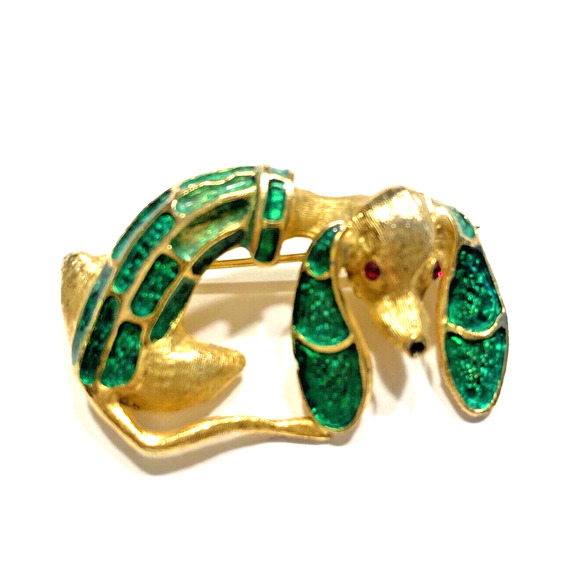 Vintage Goldtone Dog Brooch Green Enamel Finish Rhinestone Eyes Unique Puppy Pin - Picture 1 of 7